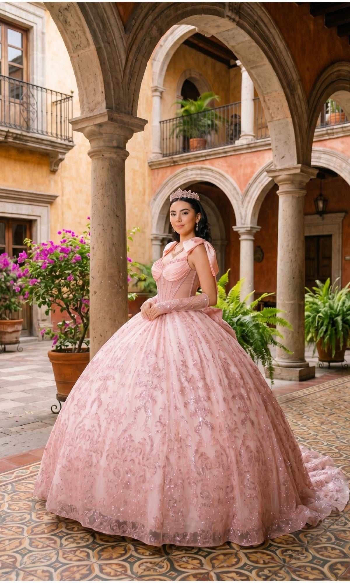 A young woman wearing the Quinceanera Dress 8530JQ by Cinderella Couture, featuring a beaded corset bodice and a tiara, stands in a courtyard adorned with stone arches, potted plants, and patterned tile flooring.